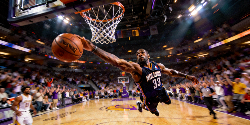 NBA篮球比赛扣篮精彩瞬间，球员飞跃篮筐